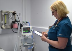 Veterinary nurse checking an anaesthetic monitoring machine