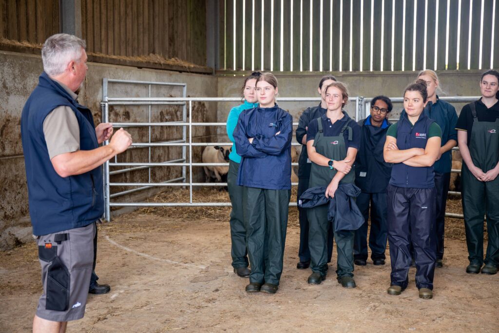students stood learning from an experienced farm vet