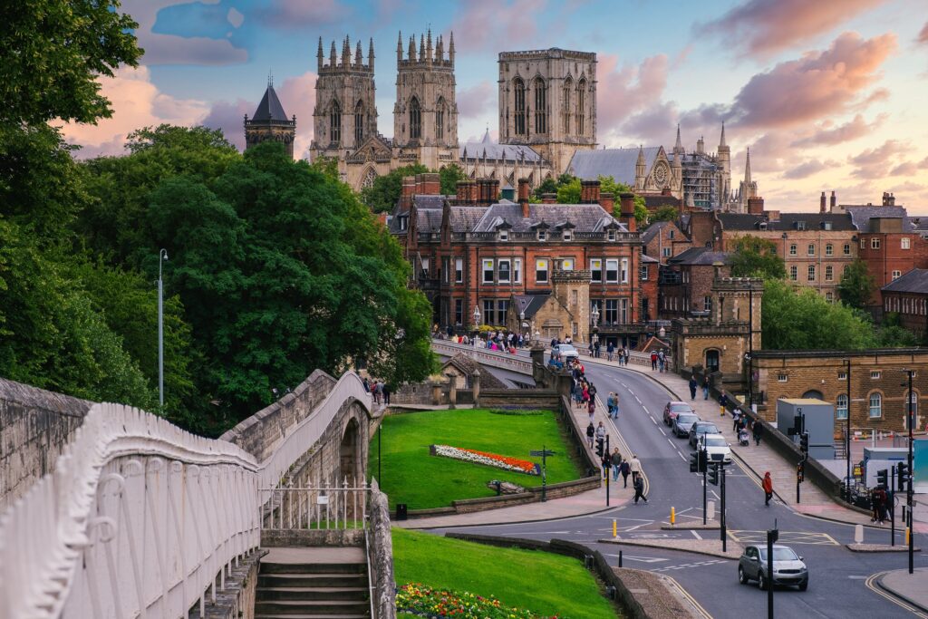 skyline of the ancient city of york, england at dusk