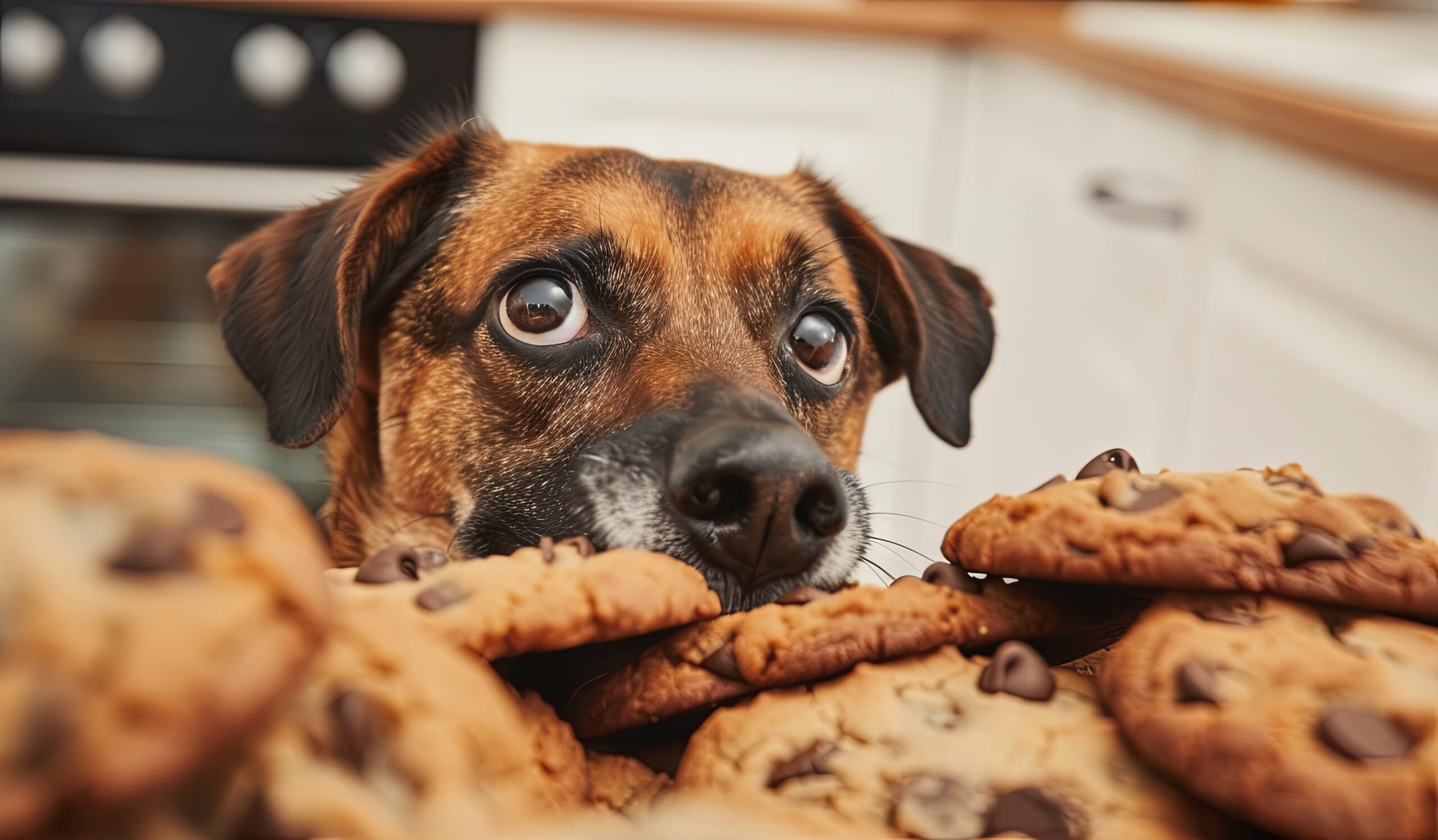 dog sneakily looking at chocolate chip cookies on the kitchen counter