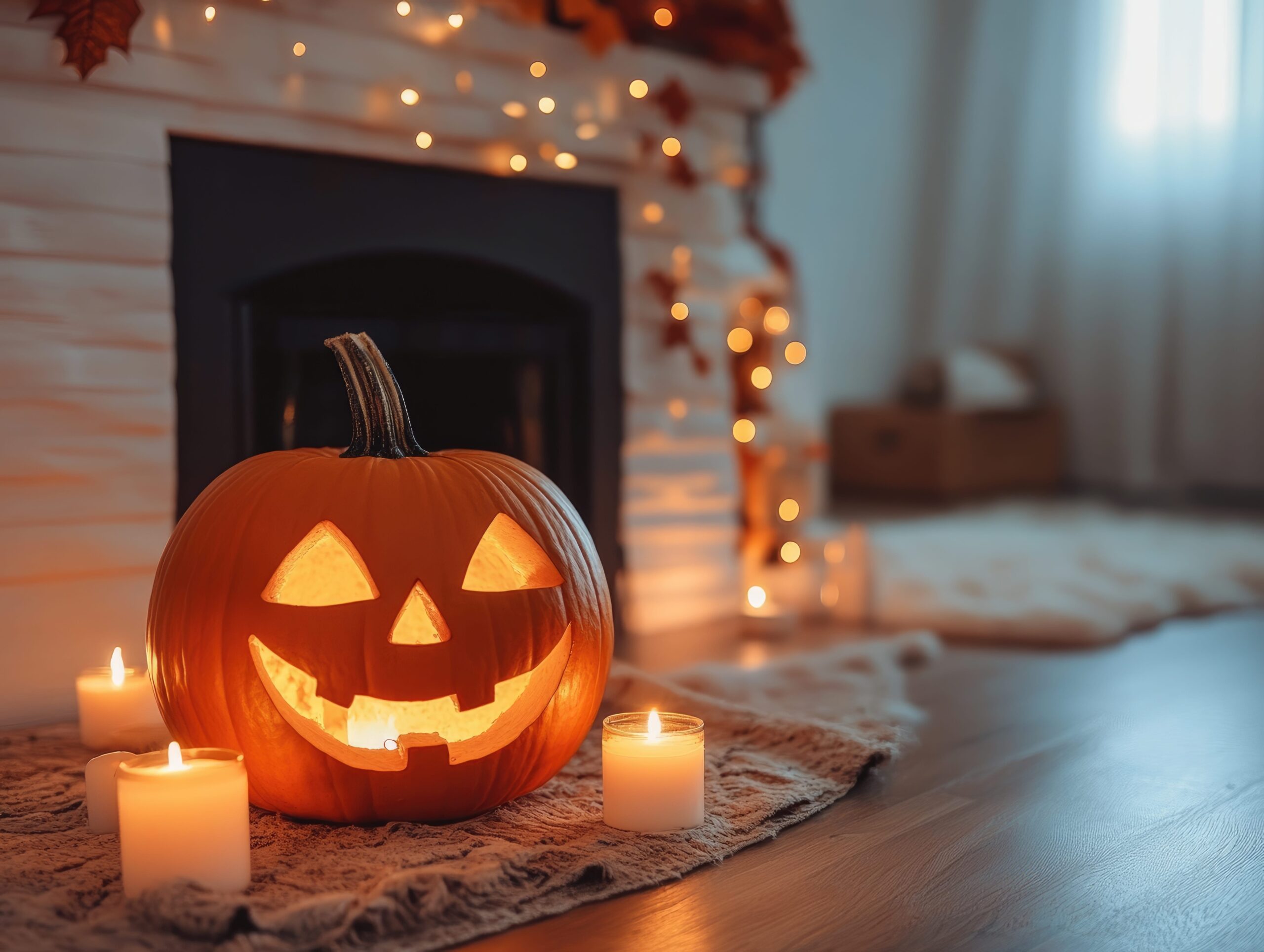 Unattended jacko-lantern with naked candle flame inside it 