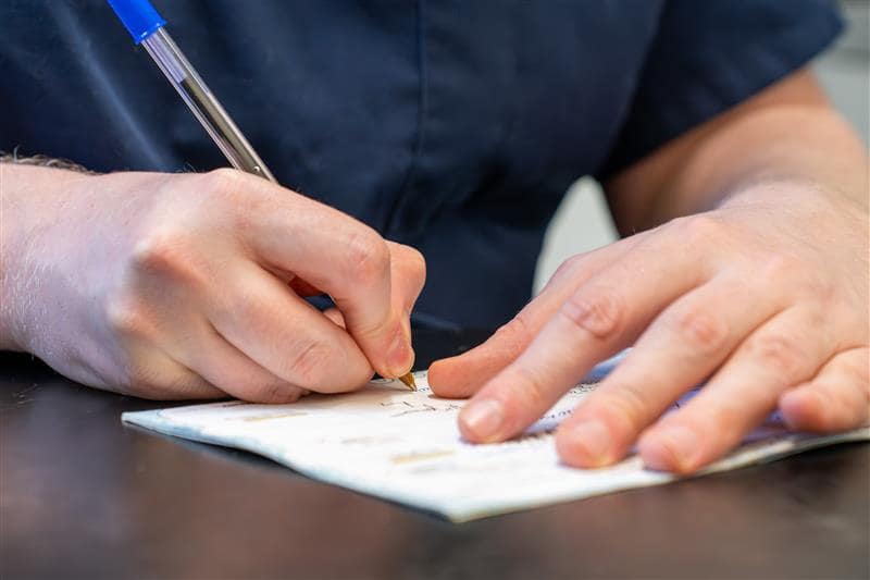 vet updating a dogs pet vaccination record card